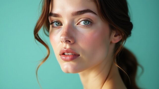 A serene face against a blue background.