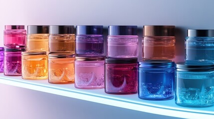Futuristic metallic shelf with illuminated glass jar mockups and LED lights