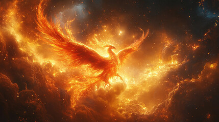 Mythological phoenix rising from flames, vivid red and orange feathers with gold accents, dynamic and powerful composition