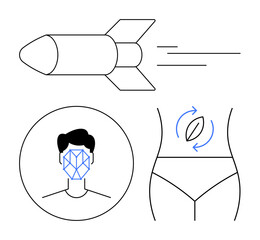 Rocket in motion, facial recognition pattern on a face, female waist with arrows for rotation. Ideal for tech, innovation, fitness tracking, AI, data analysis, wellness abstract line flat metaphor