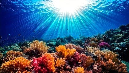 Naklejka premium Underwater scene with coral reef and sun lights