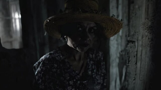 A haunting woman figure with a weathered straw hat and a ghostly expression stares intently in a dimly lit eerie setting. A horror NPC character.
