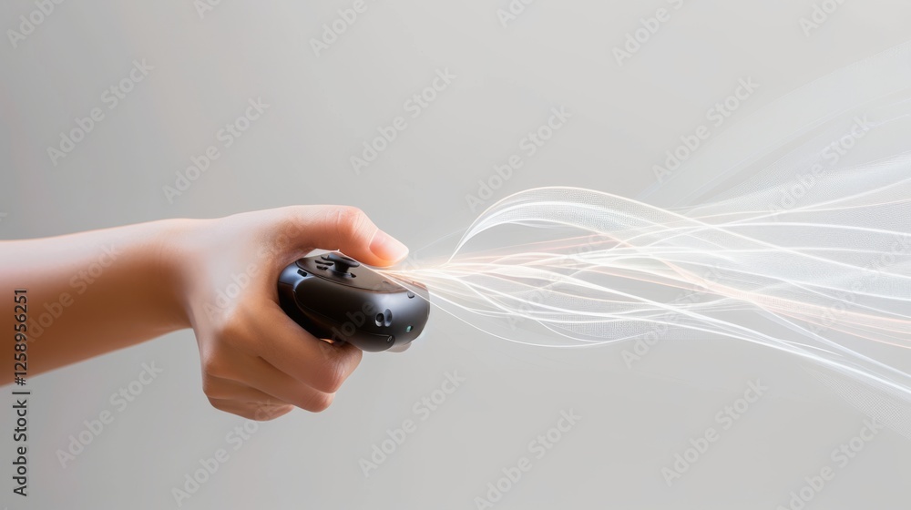 Poster close-up of a hand gripping a virtual reality controller emitting dynamic light trails, representing