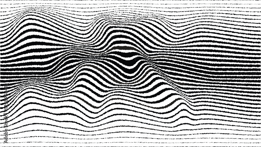 Poster Glitch effect . Distorted speed lines .Abstract flow lines background . Fluid wavy shape .Rough edges .Striped linear pattern . Music sound wave . Vector illustration 
