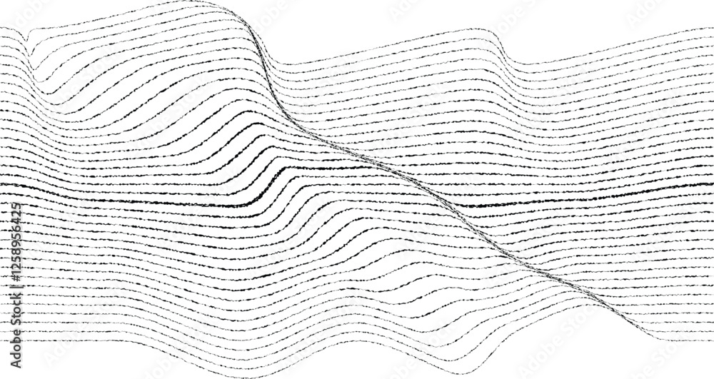 Poster Glitch effect . Distorted speed lines .Abstract flow lines background . Fluid wavy shape .Rough edges .Striped linear pattern . Music sound wave . Vector illustration 
