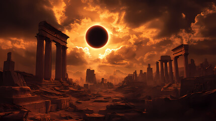 Fototapeta premium A dramatic view of ancient ruins under a solar eclipse, surrounded by dark clouds and atmospheric lighting. Solar Eclipse Temples. Illustration