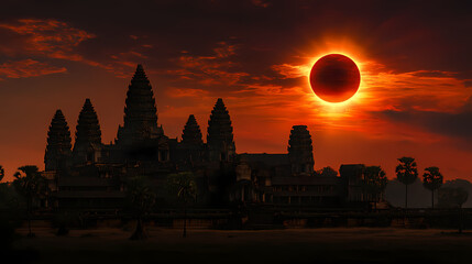 Fototapeta premium A solar eclipse casts its shadow over the ancient temple of angkor wat, cambodia, at sunset. Solar Eclipse Temples. Illustration