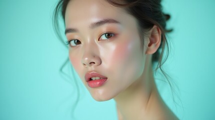 The image depicts a person with a serene expression against a soft, pastel blue background.