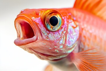 Close-up of a vivid orange fish featuring detailed scales and a large eye, set against a transparent backdrop. Ideal for marine life or aquarium themes