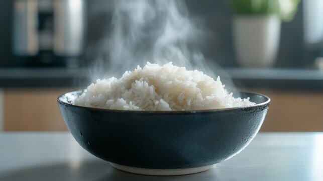 Bowl of cooked rice on a modern kitchen countertop, emphasizing fluffy texture and steaming appearance. Perfect for recipe blogs or cooking tutorials with a clean, high-quality presentation.