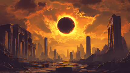 Derelict alien city with solar eclipse. Solar Eclipse Temples. Illustration