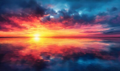 Naklejka premium Magnificent sunset painting with vibrant colors reflecting on a calm water surface