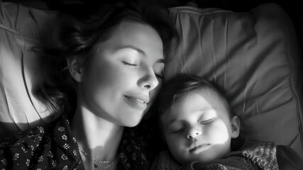 Vintage romantic video of a loving family: bedtime moments, mother bonding, peaceful sleep, tender affection, family love, cozy atmosphere, nurturing care, heartwarming scene, , bedtime routine