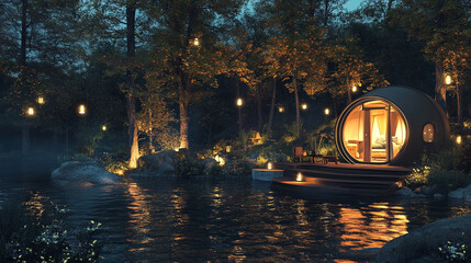 Enchanting circular cabin nestled in a tranquil forest by a lake at night, illuminated by warm lights.