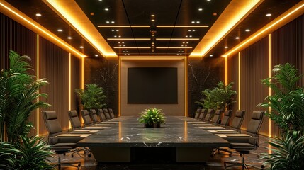 Large conference room with a black table and chairs, a large black TV
