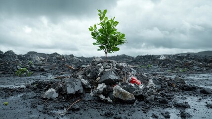 Small tree grows from debris, resilience, hope, nature