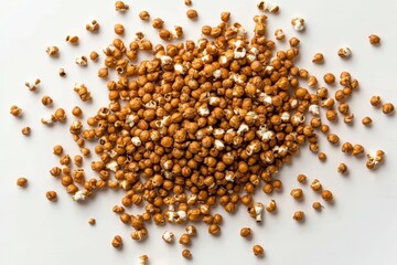 An isolated image showcasing scattered popcorn kernels on a transparent backdrop, perfect for snack and food themes