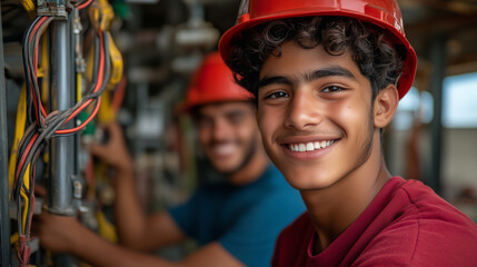 Young electrician students engage in hands-on training and practice in vocational workshop setting