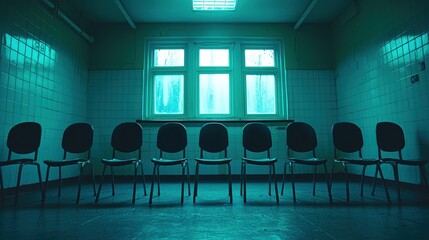Row of chairs are lined up in a room with a blue tint