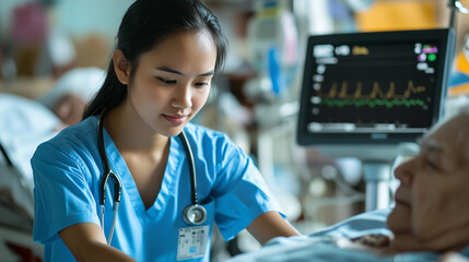 Young Filipino caregiver monitors vital signs of elderly patient in clinical setting with modern equipment
