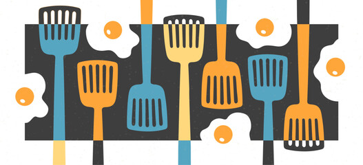 Abstract food art wallpaper. Colorful cooking concept background. Omelet and spatula cartoon design. Restaurant kitchen wide vector illustration.