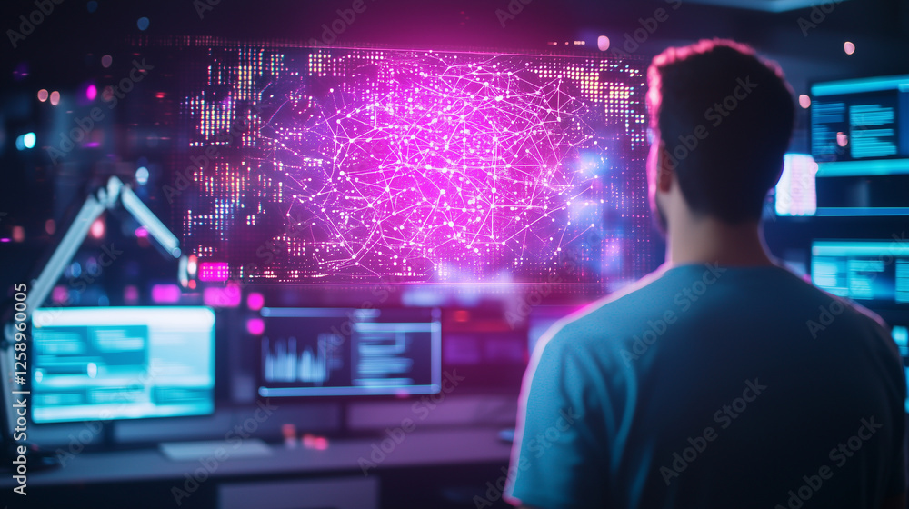 Poster high-tech software developer in futuristic office environment