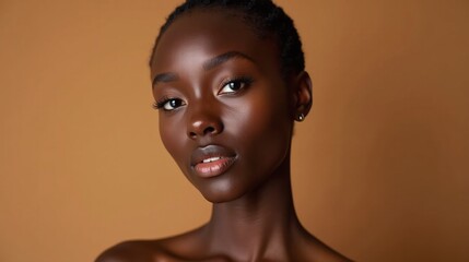 Elegant model with radiant skin against a warm backdrop.