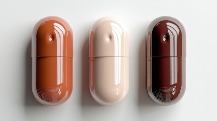 Three differently colored capsules&mdash;brown, white, and brown&mdash;against a beige backdrop
