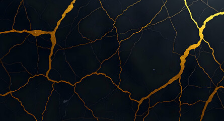 Art with Gold Cracks on Dark Surface, Elegant Kintsugi Design with Gold Repairs on Dark Ceramic