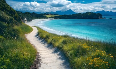A scenic sandy path leads to a turquoise beach with mountains and a cloudy sky in the background