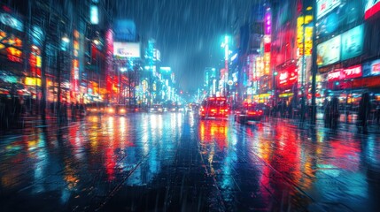 Obraz premium Rain drenched city street at night vibrant lights reflecting