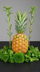 A display featuring rosemary pineapples and assorted herbs for sale Herbal Produce Display