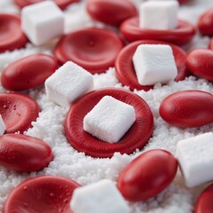Image depicting red blood cells surrounded by sugar cubes symbolizing elevated blood glucose levels associated with diabetes