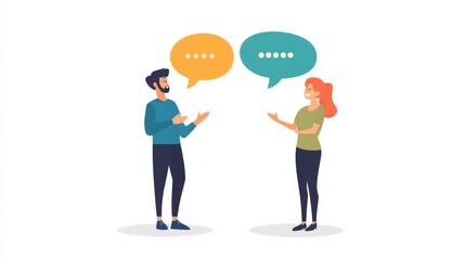 Colorful illustration of two people in conversation with speech bubbles