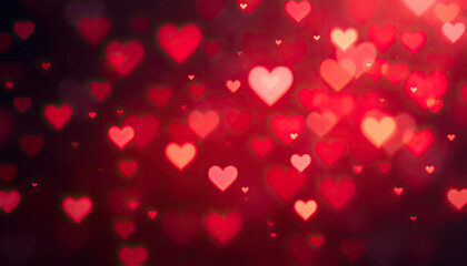 Valentine’s Day background with red heart bokeh, glowing hearts, soft focus, vibrant crimson,heart confetti for an intimate, emotional vibe