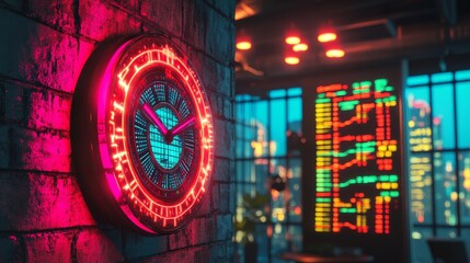 A clock placed in front of a blurred data center, signifying network time synchronization and exactness