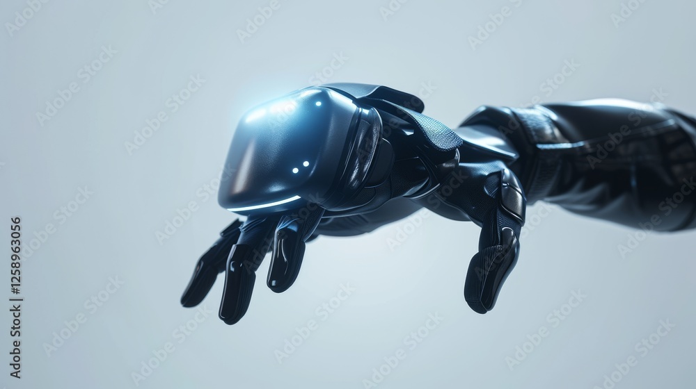 Poster a close-up of a futuristic robotic arm with sleek design and illuminated details, representing advan
