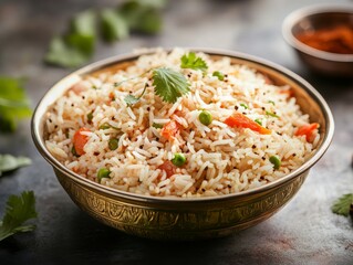 A traditional Indian rice dish in a brass bowl. Featuring vibrant spices and garnished with cilantro. Highlighting the rich flavors and cultural heritage. Ideal for culinary and cultural articles.
