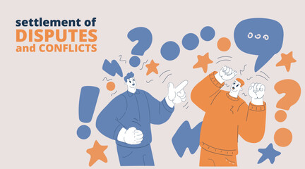Cartoon vector illustration of two men in a heated argument, representing conflict, disagreement, and tension