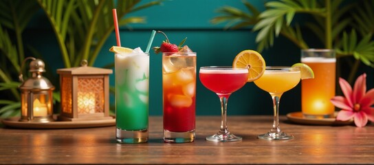 A vibrant display of colorful cocktails with an exotic allure