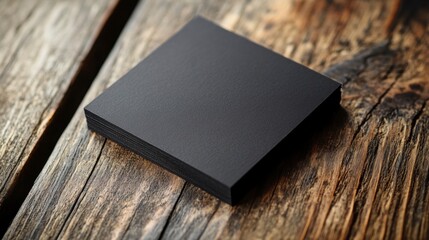 Fototapeta premium Square Black Cards Pile on Rustic Table, Mockup Style