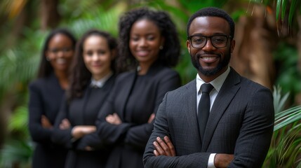 Group of people are standing together, one of whom is wearing a suit and tie