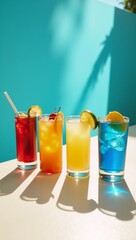 Fototapeta premium Brightly colored cocktails are depicted against a backdrop illuminated by the harsh sunlight with sharp shadows below