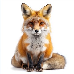 Fototapeta premium A beautiful red fox sitting attentively, isolated on a clean white background, showcasing its sharp features and fluffy fur.