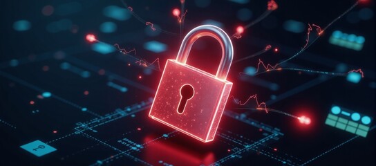 A digital padlock icon represents cybersecurity and network  data protection technologies within a virtual interface screen against a looming cyber-attack and business data privacy concerns