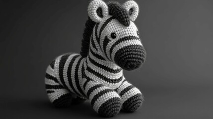 Knitted zebra figurine with bold black-and-white stripes on a minimalist background