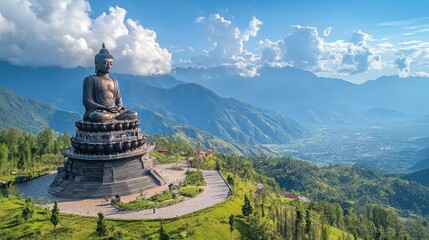 Majestic Buddha Statue Overlooking Verdant Mountain Valley