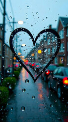 Obraz premium Drawing of heart outline on dripping glass. Rainy city street outside the window in the afternoon.
