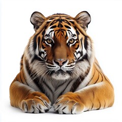 Obraz premium A majestic tiger lying down, staring directly ahead, isolated on a clean white background.