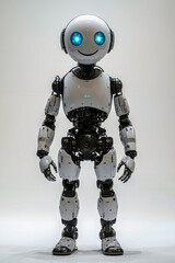 A robot with blue eyes standing in front of a white background